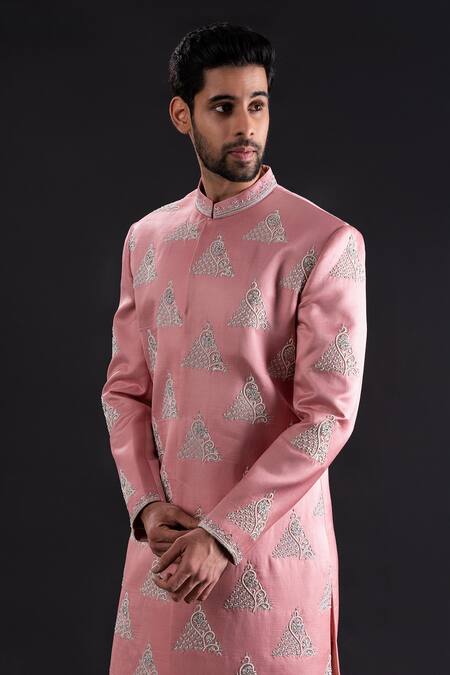 Tira By Naresh Raj_Pink Linen Satin Embroidered Prism Pearl Butti Sherwani Set  _at_Aza_Fashions