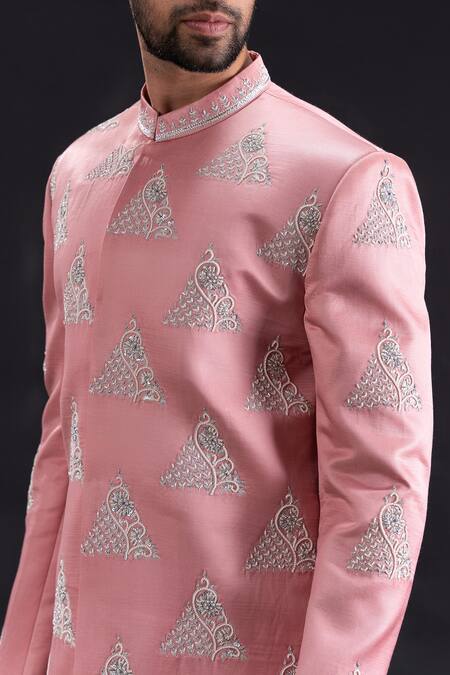 Buy_Tira By Naresh Raj_Pink Linen Satin Embroidered Prism Pearl Butti Sherwani Set  
