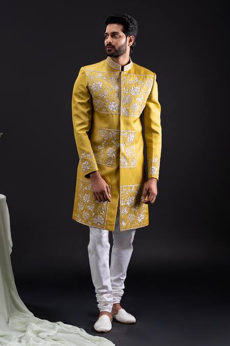 Tira By Naresh Raj_Gold Linen Satin Embroidered Flora Garden Sherwani Set  _Online_at_Aza_Fashions