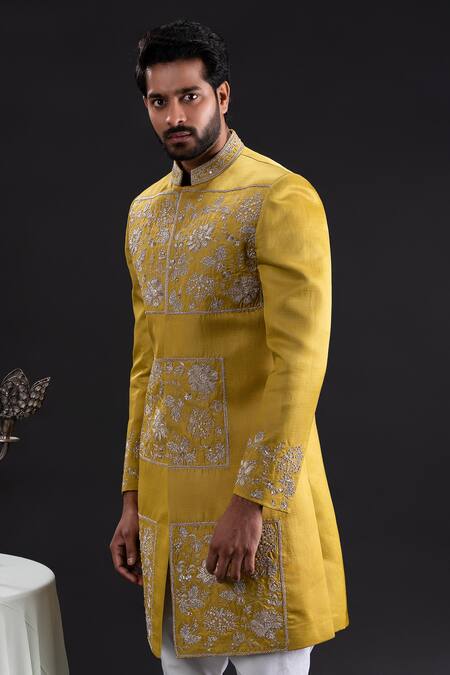 Buy_Tira By Naresh Raj_Gold Linen Satin Embroidered Flora Garden Sherwani Set  _Online_at_Aza_Fashions