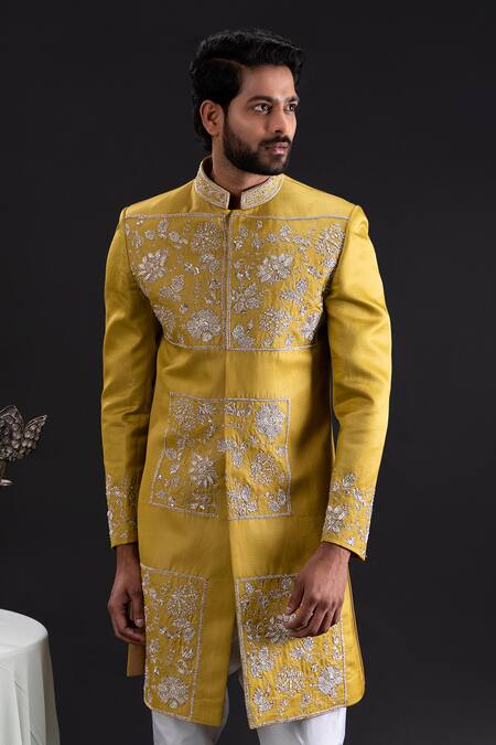 Shop_Tira By Naresh Raj_Gold Linen Satin Embroidered Flora Garden Sherwani Set  _Online_at_Aza_Fashions
