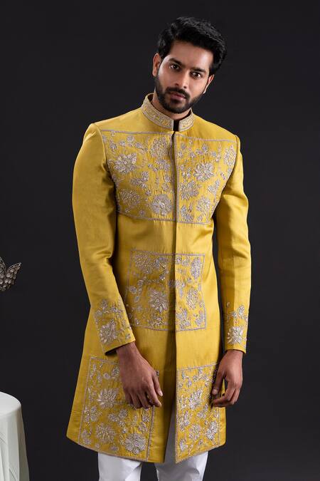 Tira By Naresh Raj_Gold Linen Satin Embroidered Flora Garden Sherwani Set  _at_Aza_Fashions