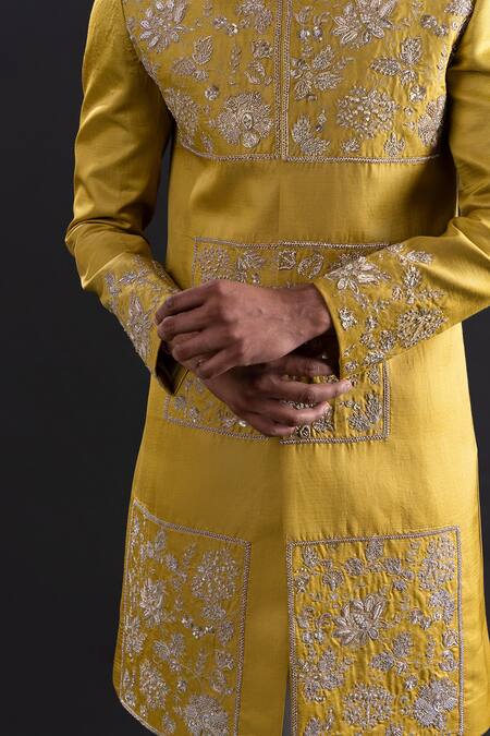 Buy_Tira By Naresh Raj_Gold Linen Satin Embroidered Flora Garden Sherwani Set  