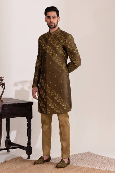 Buy_Tira By Naresh Raj_Green Raw Silk Embroidered Flora Vine Garden Sherwani Set _Online_at_Aza_Fashions