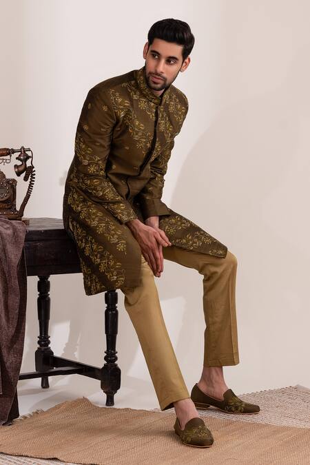 Shop_Tira By Naresh Raj_Green Raw Silk Embroidered Flora Vine Garden Sherwani Set _Online_at_Aza_Fashions