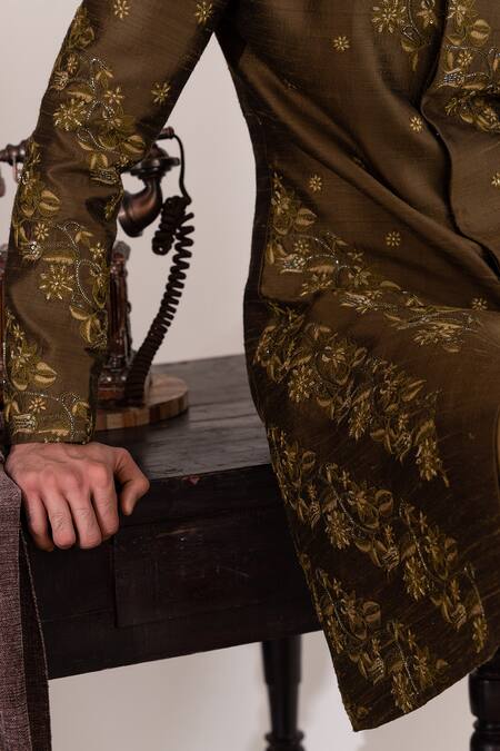 Tira By Naresh Raj_Green Raw Silk Embroidered Flora Vine Garden Sherwani Set _at_Aza_Fashions