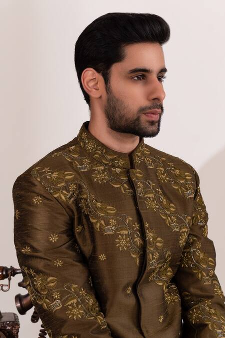 Buy_Tira By Naresh Raj_Green Raw Silk Embroidered Flora Vine Garden Sherwani Set 