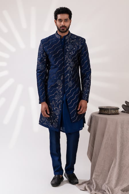Tira By Naresh Raj_Blue Raw Silk Embroidered Lotus Pond Sherwani Set _Online_at_Aza_Fashions
