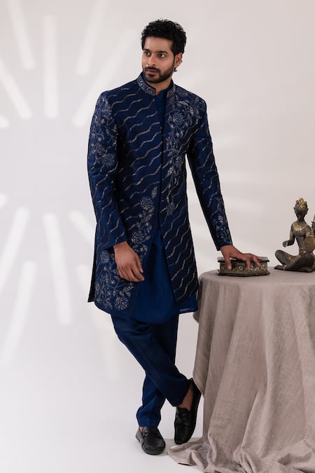 Buy_Tira By Naresh Raj_Blue Raw Silk Embroidered Lotus Pond Sherwani Set _Online_at_Aza_Fashions
