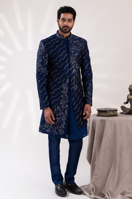 Shop_Tira By Naresh Raj_Blue Raw Silk Embroidered Lotus Pond Sherwani Set _Online_at_Aza_Fashions