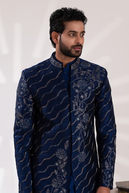 Tira By Naresh Raj_Blue Raw Silk Embroidered Lotus Pond Sherwani Set _at_Aza_Fashions