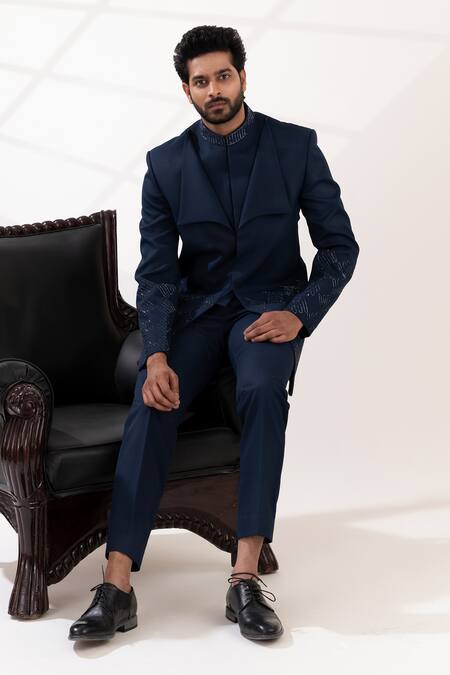 Tira By Naresh Raj_Blue Terry Wool Embroidered Swirl Bandhgala Set _Online_at_Aza_Fashions