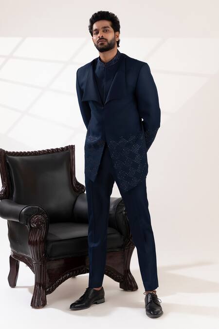 Buy_Tira By Naresh Raj_Blue Terry Wool Embroidered Swirl Bandhgala Set _Online_at_Aza_Fashions