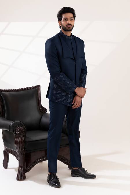 Shop_Tira By Naresh Raj_Blue Terry Wool Embroidered Swirl Bandhgala Set _Online_at_Aza_Fashions