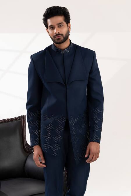 Tira By Naresh Raj_Blue Terry Wool Embroidered Swirl Bandhgala Set _at_Aza_Fashions