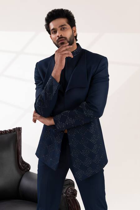 Buy_Tira By Naresh Raj_Blue Terry Wool Embroidered Swirl Bandhgala Set 