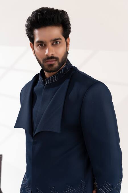 Shop_Tira By Naresh Raj_Blue Terry Wool Embroidered Swirl Bandhgala Set 