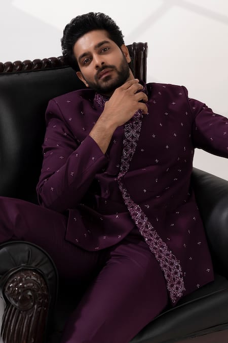 Tira By Naresh Raj Flora Embroidered Oneside Lapel Bandhgala Set 