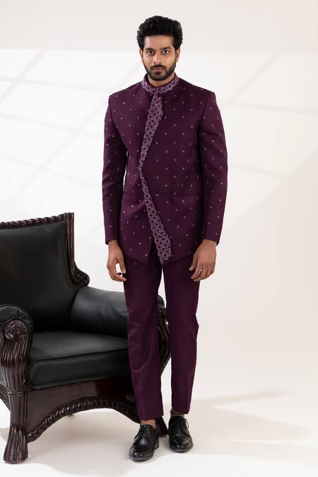 Tira By Naresh Raj_Purple Terry Wool Embroidered Flora Oneside Lapel Bandhgala Set _Online_at_Aza_Fashions