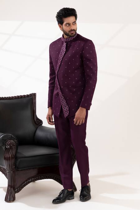 Shop_Tira By Naresh Raj_Purple Terry Wool Embroidered Flora Oneside Lapel Bandhgala Set _Online_at_Aza_Fashions