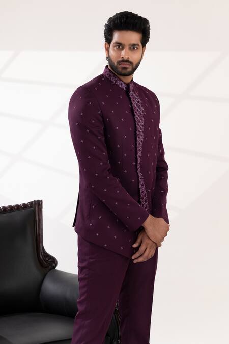 Tira By Naresh Raj_Purple Terry Wool Embroidered Flora Oneside Lapel Bandhgala Set _at_Aza_Fashions