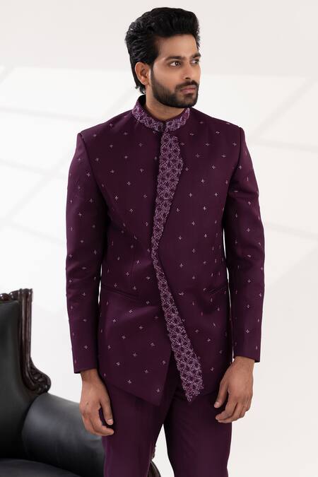 Buy_Tira By Naresh Raj_Purple Terry Wool Embroidered Flora Oneside Lapel Bandhgala Set 