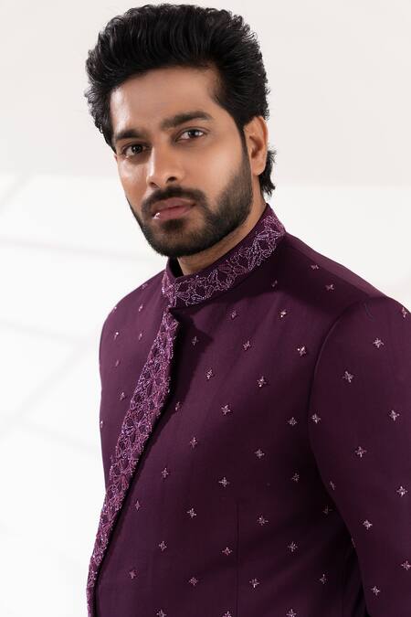 Shop_Tira By Naresh Raj_Purple Terry Wool Embroidered Flora Oneside Lapel Bandhgala Set 