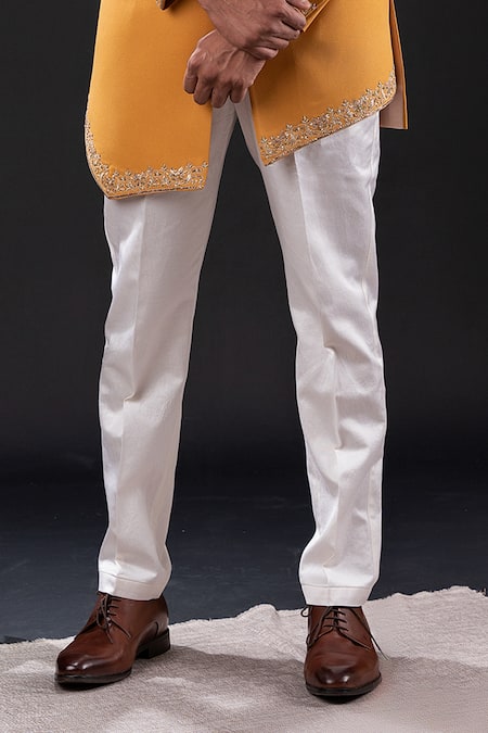 Buy_Tira By Naresh Raj_Yellow Moss Crepe Embroidered Padma Bloom Pitta Sherwani Set _Online_at_Aza_Fashions