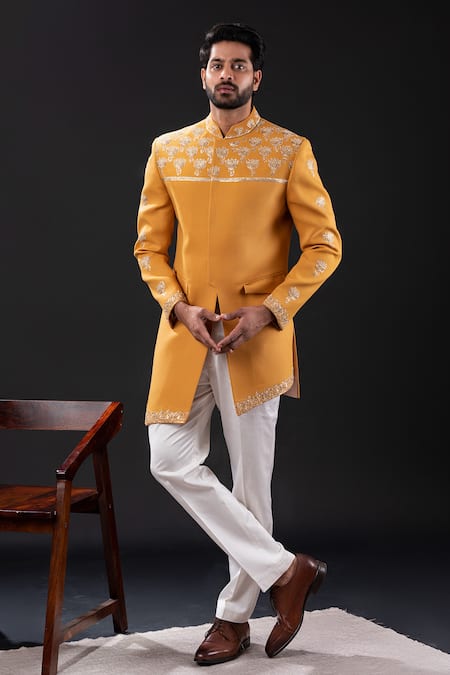 Shop_Tira By Naresh Raj_Yellow Moss Crepe Embroidered Padma Bloom Pitta Sherwani Set _Online_at_Aza_Fashions