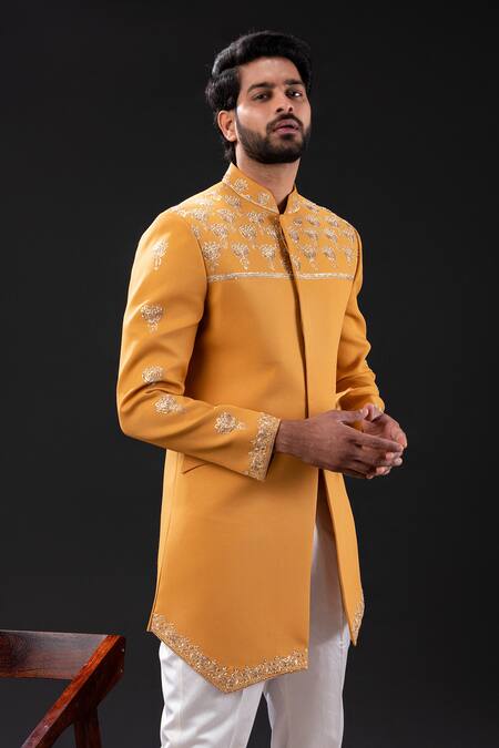 Tira By Naresh Raj_Yellow Moss Crepe Embroidered Padma Bloom Pitta Sherwani Set _at_Aza_Fashions