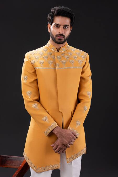 Buy_Tira By Naresh Raj_Yellow Moss Crepe Embroidered Padma Bloom Pitta Sherwani Set 