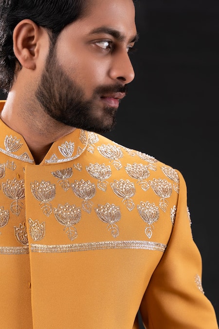 Shop_Tira By Naresh Raj_Yellow Moss Crepe Embroidered Padma Bloom Pitta Sherwani Set 