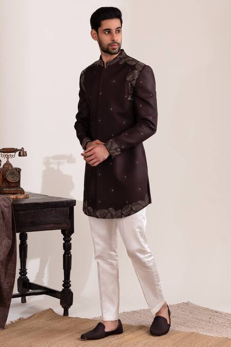 Buy_Tira By Naresh Raj_Brown Moss Crepe Embroidered Thread Sherwani And Pant Set _Online_at_Aza_Fashions