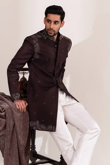 Shop_Tira By Naresh Raj_Brown Moss Crepe Embroidered Thread Sherwani And Pant Set _Online_at_Aza_Fashions