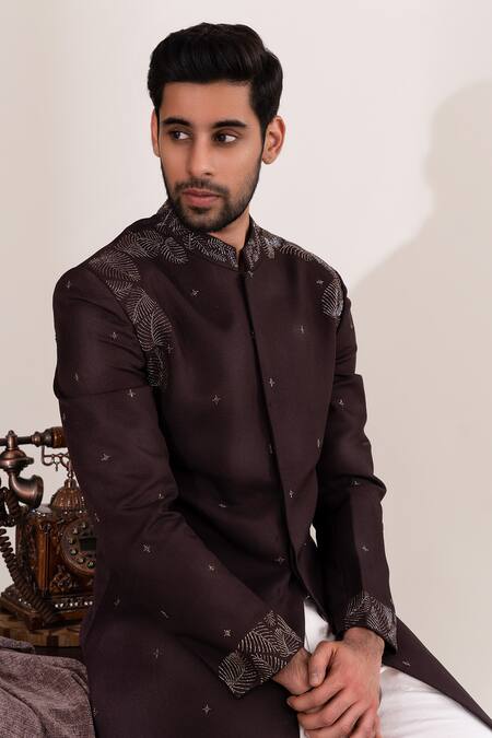 Tira By Naresh Raj_Brown Moss Crepe Embroidered Thread Sherwani And Pant Set _at_Aza_Fashions
