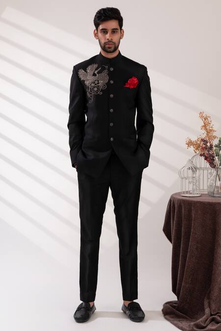 Tira By Naresh Raj Black Terriwool Embroidered Cutdana Motif Bandhgala And Pant Set Online at Aza Fashions Tira By Naresh Raj_Black Terriwool Embroidered Cutdana Motif Bandhgala And Pant Set _Online_at_Aza_Fashions