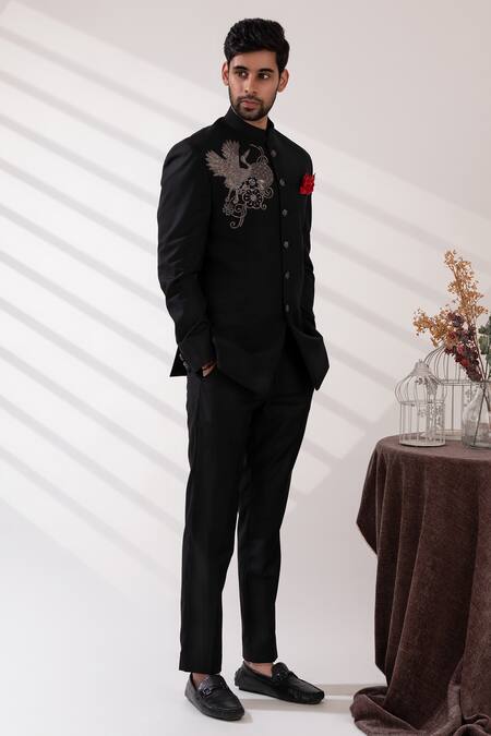 Shop Tira By Naresh Raj Black Terriwool Embroidered Cutdana Motif Bandhgala And Pant Set Online at Aza Fashions Shop_Tira By Naresh Raj_Black Terriwool Embroidered Cutdana Motif Bandhgala And Pant Set _Online_at_Aza_Fashions