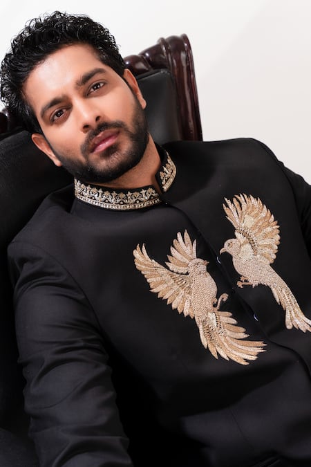 Buy_Tira By Naresh Raj_Black Terriwool Embroidered Cutdana Bird Motif Bandhgala With Pant _Online_at_Aza_Fashions
