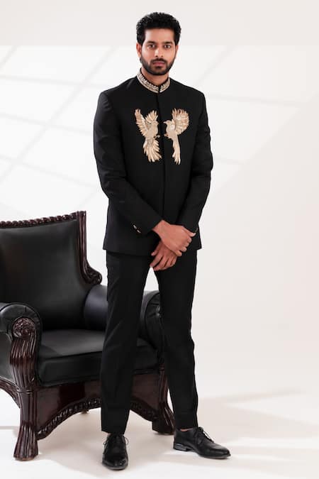 Shop_Tira By Naresh Raj_Black Terriwool Embroidered Cutdana Bird Motif Bandhgala With Pant _Online_at_Aza_Fashions