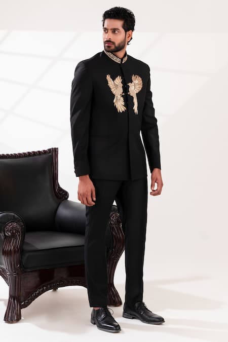 Buy_Tira By Naresh Raj_Black Terriwool Embroidered Cutdana Bird Motif Bandhgala With Pant 