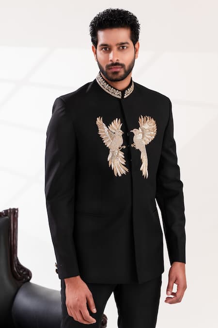 Shop_Tira By Naresh Raj_Black Terriwool Embroidered Cutdana Bird Motif Bandhgala With Pant 