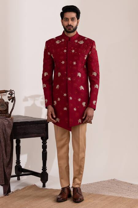 Tira By Naresh Raj_Red Moss Crepe Embroidered Sequin Floral Bandhgala With Pant _Online_at_Aza_Fashions