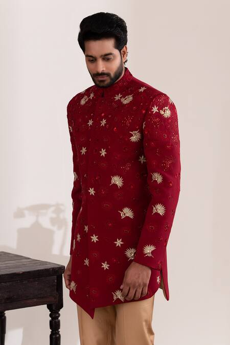 Shop_Tira By Naresh Raj_Red Moss Crepe Embroidered Sequin Floral Bandhgala With Pant _Online_at_Aza_Fashions