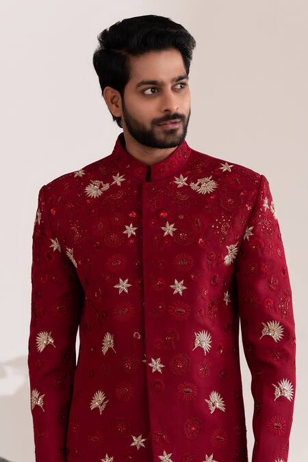 Tira By Naresh Raj_Red Moss Crepe Embroidered Sequin Floral Bandhgala With Pant _at_Aza_Fashions