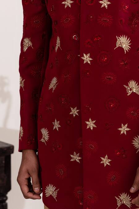 Buy_Tira By Naresh Raj_Red Moss Crepe Embroidered Sequin Floral Bandhgala With Pant 