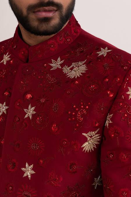 Shop_Tira By Naresh Raj_Red Moss Crepe Embroidered Sequin Floral Bandhgala With Pant 