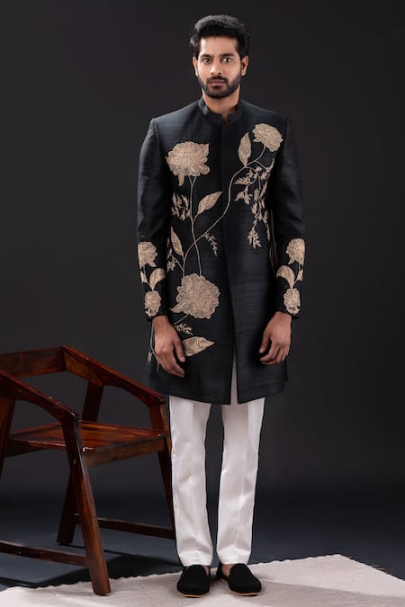 Tira By Naresh Raj_Black Cotton, Silk Embroidery Floral Sherwani Set _Online_at_Aza_Fashions