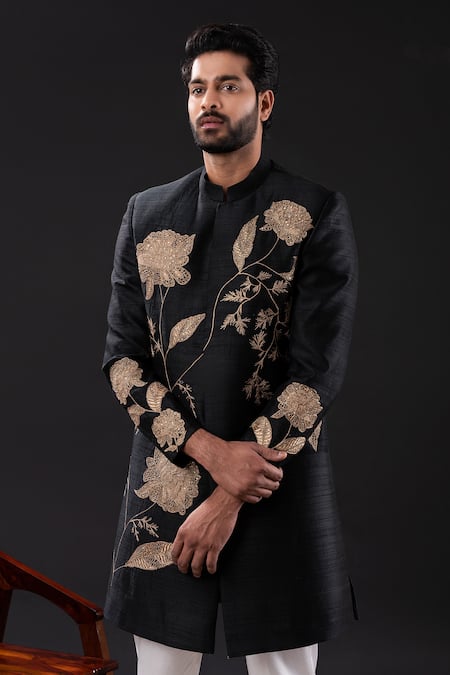 Shop_Tira By Naresh Raj_Black Cotton, Silk Embroidery Floral Sherwani Set _Online_at_Aza_Fashions