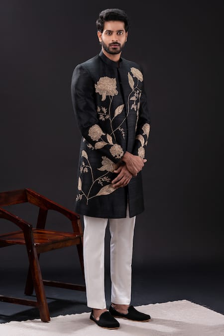 Tira By Naresh Raj_Black Cotton, Silk Embroidery Floral Sherwani Set _at_Aza_Fashions