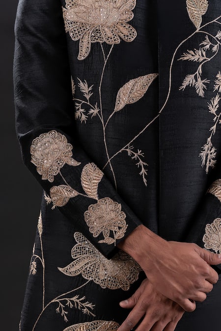 Buy_Tira By Naresh Raj_Black Cotton, Silk Embroidery Floral Sherwani Set 